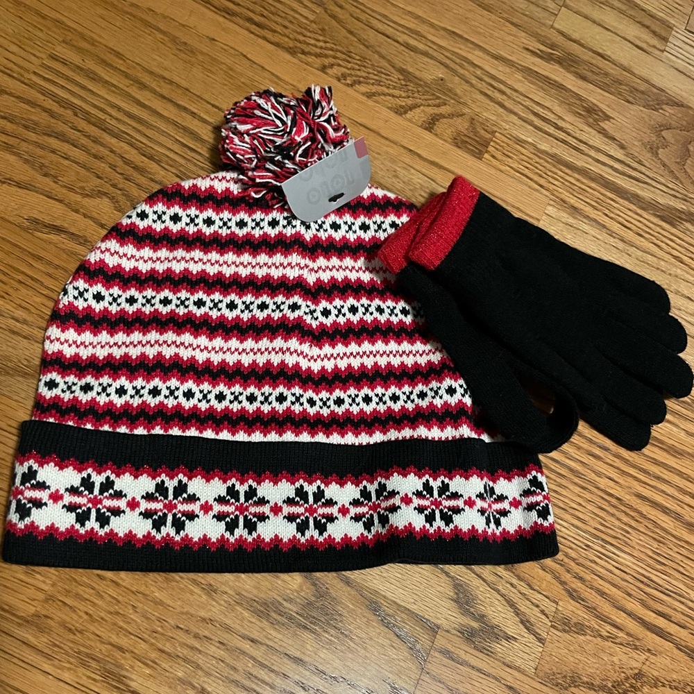 Winter Hat and Gloves Set - Black and Red